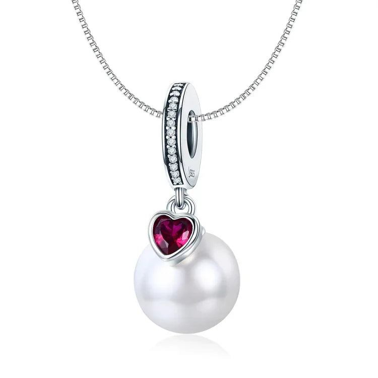 Pendente de Coração com Pérola em Prata Esterlina S925 Acessórios para Pulseira e Colar DIY