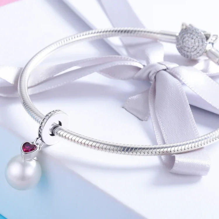 Pendente de Coração com Pérola em Prata Esterlina S925 Acessórios para Pulseira e Colar DIY