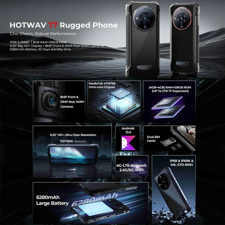 HOTWAV T7 Telefone Rugged, 6280mAh, 6,52 polegadas Android 13 MT8788 Octa Core, Rede: 4G, OTG, 4GB+128GB
