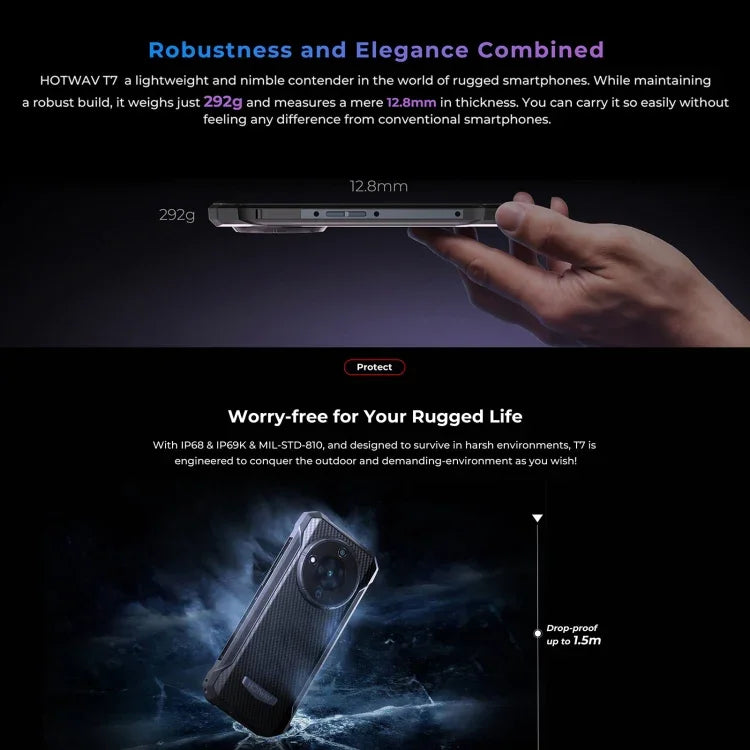 HOTWAV T7 Telefone Rugged, 6280mAh, 6,52 polegadas Android 13 MT8788 Octa Core, Rede: 4G, OTG, 4GB+128GB