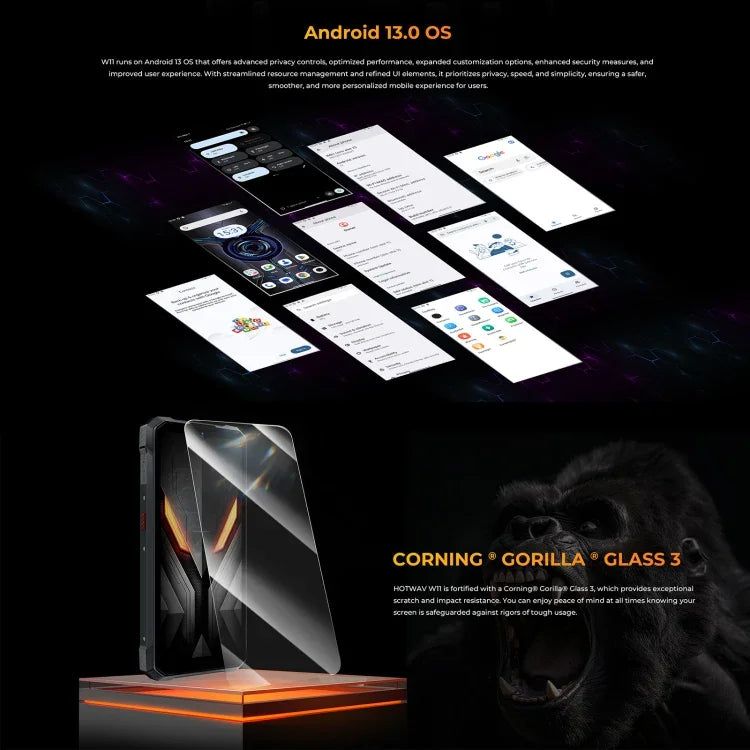 HOTWAV W11 Telefone Rugged, Visão Noturna, 20800mAh, 6,6 polegadas Android 13 MT8788 Octa Core, Rede: 4G, OTG, Gravação de chamadas, 6GB+256GB