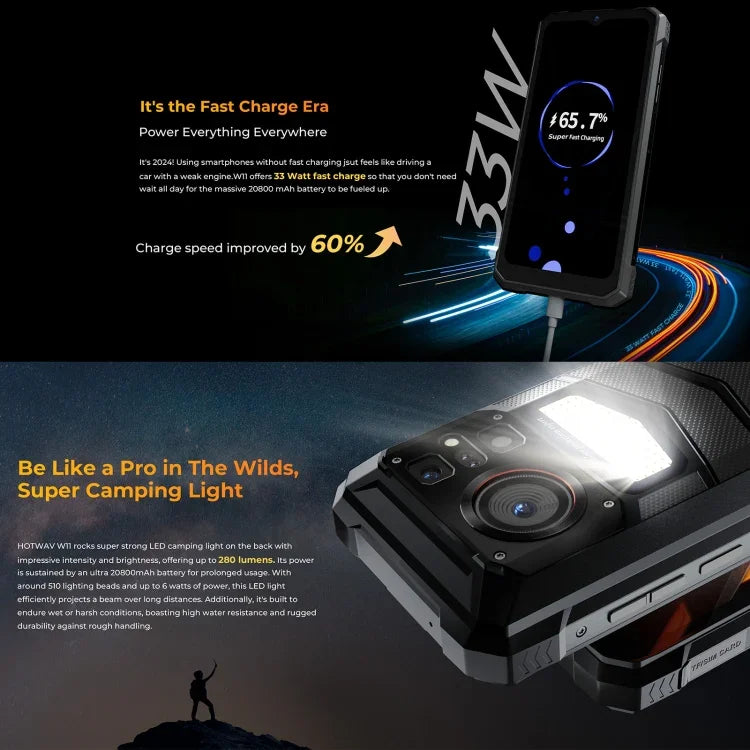 HOTWAV W11 Telefone Rugged, Visão Noturna, 20800mAh, 6,6 polegadas Android 13 MT8788 Octa Core, Rede: 4G, OTG, Gravação de chamadas, 6GB+256GB