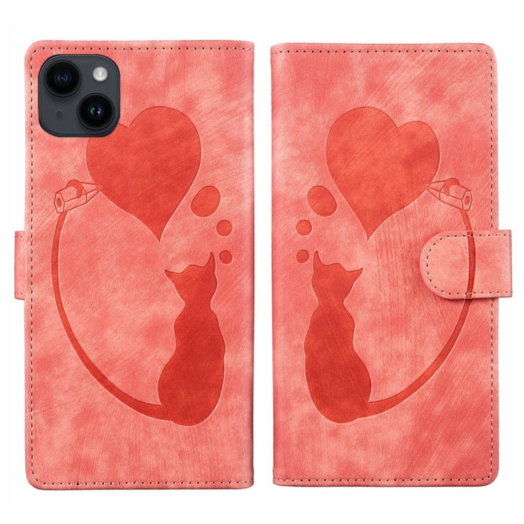 Capa de telemóvel em pele com relevo de caneta, coração e gato, para iPhone 14 Plus, para iPhone 14, para iPhone 14 Pro, para iPhone 14 Pro Max, para iPhone 7 / 8 / SE 2022, para iPhone 13 Pro Max, para iPhone 13 Pro, para iPhone 13