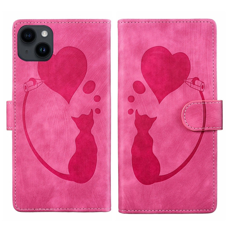 Capa de telemóvel em pele com relevo de caneta, coração e gato, para iPhone 14 Plus, para iPhone 14, para iPhone 14 Pro, para iPhone 14 Pro Max, para iPhone 7 / 8 / SE 2022, para iPhone 13 Pro Max, para iPhone 13 Pro, para iPhone 13