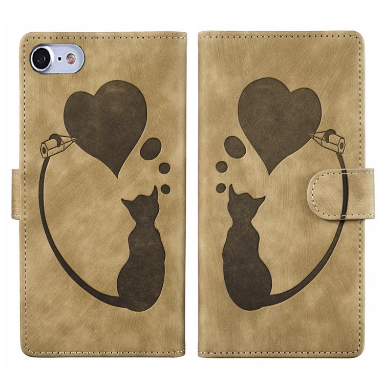 Capa de telemóvel em pele com relevo de caneta, coração e gato, para iPhone 14 Plus, para iPhone 14, para iPhone 14 Pro, para iPhone 14 Pro Max, para iPhone 7 / 8 / SE 2022, para iPhone 13 Pro Max, para iPhone 13 Pro, para iPhone 13