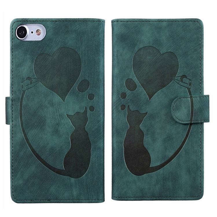Capa de telemóvel em pele com relevo de caneta, coração e gato, para iPhone 14 Plus, para iPhone 14, para iPhone 14 Pro, para iPhone 14 Pro Max, para iPhone 7 / 8 / SE 2022, para iPhone 13 Pro Max, para iPhone 13 Pro, para iPhone 13