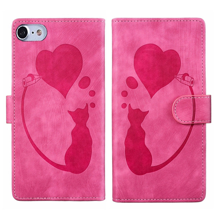 Capa de telemóvel em pele com relevo de caneta, coração e gato, para iPhone 14 Plus, para iPhone 14, para iPhone 14 Pro, para iPhone 14 Pro Max, para iPhone 7 / 8 / SE 2022, para iPhone 13 Pro Max, para iPhone 13 Pro, para iPhone 13