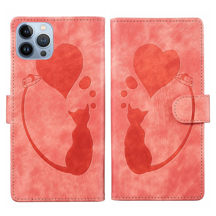 Capa de telemóvel em pele com relevo de caneta, coração e gato, para iPhone 14 Plus, para iPhone 14, para iPhone 14 Pro, para iPhone 14 Pro Max, para iPhone 7 / 8 / SE 2022, para iPhone 13 Pro Max, para iPhone 13 Pro, para iPhone 13