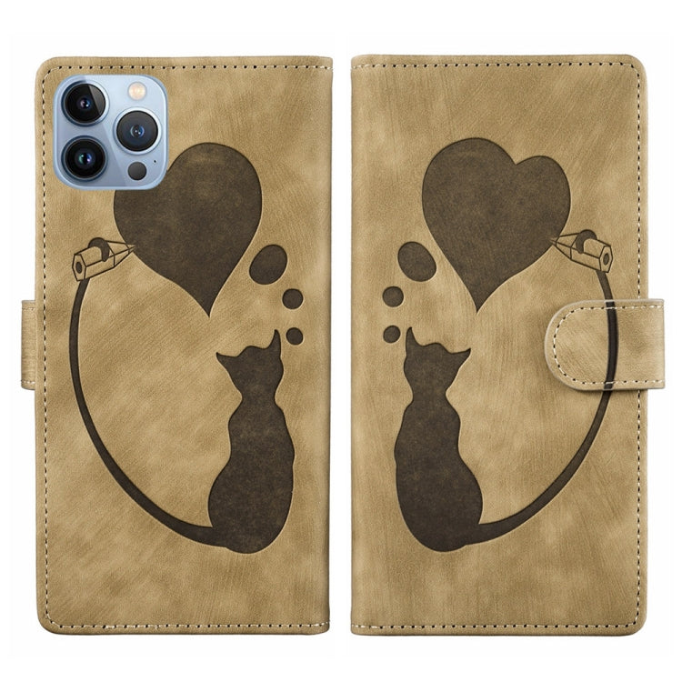 Capa de telemóvel em pele com relevo de caneta, coração e gato, para iPhone 14 Plus, para iPhone 14, para iPhone 14 Pro, para iPhone 14 Pro Max, para iPhone 7 / 8 / SE 2022, para iPhone 13 Pro Max, para iPhone 13 Pro, para iPhone 13