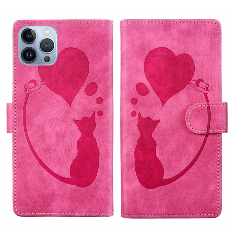 Capa de telemóvel em pele com relevo de caneta, coração e gato, para iPhone 14 Plus, para iPhone 14, para iPhone 14 Pro, para iPhone 14 Pro Max, para iPhone 7 / 8 / SE 2022, para iPhone 13 Pro Max, para iPhone 13 Pro, para iPhone 13