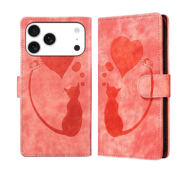 Capa de telemóvel em pele com relevo de caneta, coração e gato, para iPhone 17 Pro Max, para iPhone 17 Pro, para iPhone 17, para iPhone Air, para iPhone 15 Pro Max, para iPhone 15 Pro, para iPhone 15 Plus, para iPhone 15