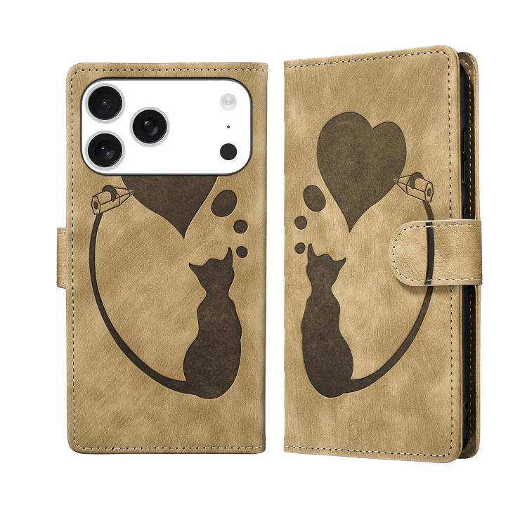 Capa de telemóvel em pele com relevo de caneta, coração e gato, para iPhone 17 Pro Max, para iPhone 17 Pro, para iPhone 17, para iPhone Air, para iPhone 15 Pro Max, para iPhone 15 Pro, para iPhone 15 Plus, para iPhone 15