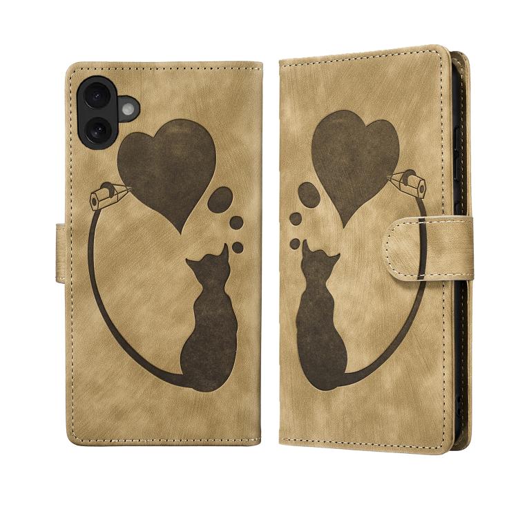 Capa de telemóvel em pele com relevo de caneta, coração e gato, para iPhone 17 Pro Max, para iPhone 17 Pro, para iPhone 17, para iPhone Air, para iPhone 15 Pro Max, para iPhone 15 Pro, para iPhone 15 Plus, para iPhone 15