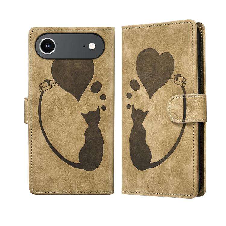 Capa de telemóvel em pele com relevo de caneta, coração e gato, para iPhone 17 Pro Max, para iPhone 17 Pro, para iPhone 17, para iPhone Air, para iPhone 15 Pro Max, para iPhone 15 Pro, para iPhone 15 Plus, para iPhone 15