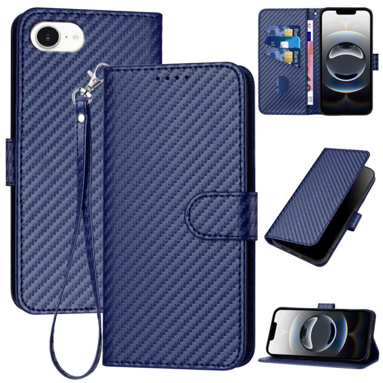 Capa de telemóvel em pele com fivela de fibra de carbono YX0070 com cordão, para iPhone 17e / 16e, para iPhone 17 Pro Max, para iPhone 17 Pro, para iPhone 17, para iPhone Air, para iPhone 16 Pro Max