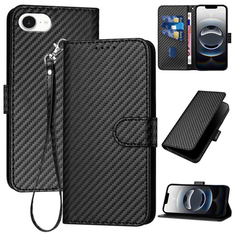 Capa de telemóvel em pele com fivela de fibra de carbono YX0070 com cordão, para iPhone 17e / 16e, para iPhone 17 Pro Max, para iPhone 17 Pro, para iPhone 17, para iPhone Air, para iPhone 16 Pro Max