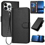 Capa de telemóvel em pele com fivela de fibra de carbono e cordão, Para iPhone 13 Pro Max, Para iPhone 13 Pro, Para iPhone 13, Para iPhone 13 mini, Para iPhone 12 / 12 Pro, Para iPhone 12 Pro Max