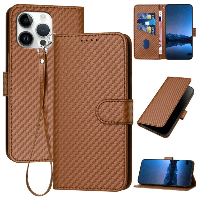 Capa de telemóvel em pele com fivela de fibra de carbono YX0070 com cordão, para iPhone 17e / 16e, para iPhone 17 Pro Max, para iPhone 17 Pro, para iPhone 17, para iPhone Air, para iPhone 16 Pro Max