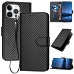Capa de telemóvel em pele com fivela de fibra de carbono YX0070 com cordão, para iPhone 17e / 16e, para iPhone 17 Pro Max, para iPhone 17 Pro, para iPhone 17, para iPhone Air, para iPhone 16 Pro Max