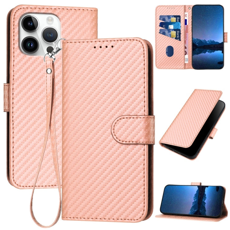 Capa de telemóvel em pele com fivela de fibra de carbono YX0070 com cordão, para iPhone 17e / 16e, para iPhone 17 Pro Max, para iPhone 17 Pro, para iPhone 17, para iPhone Air, para iPhone 16 Pro Max