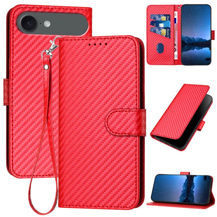 Capa de telemóvel em pele com fivela de fibra de carbono YX0070 com cordão, para iPhone 17e / 16e, para iPhone 17 Pro Max, para iPhone 17 Pro, para iPhone 17, para iPhone Air, para iPhone 16 Pro Max