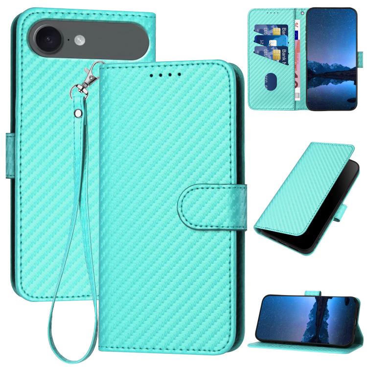 Capa de telemóvel em pele com fivela de fibra de carbono YX0070 com cordão, para iPhone 17e / 16e, para iPhone 17 Pro Max, para iPhone 17 Pro, para iPhone 17, para iPhone Air, para iPhone 16 Pro Max