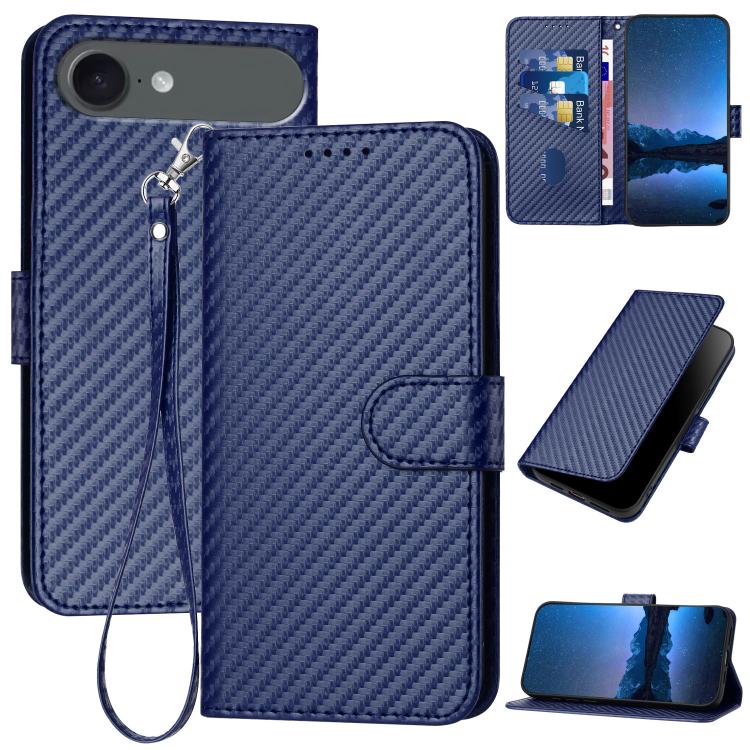 Capa de telemóvel em pele com fivela de fibra de carbono YX0070 com cordão, para iPhone 17e / 16e, para iPhone 17 Pro Max, para iPhone 17 Pro, para iPhone 17, para iPhone Air, para iPhone 16 Pro Max
