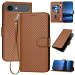 Capa de telemóvel em pele com fivela de fibra de carbono YX0070 com cordão, para iPhone 17e / 16e, para iPhone 17 Pro Max, para iPhone 17 Pro, para iPhone 17, para iPhone Air, para iPhone 16 Pro Max
