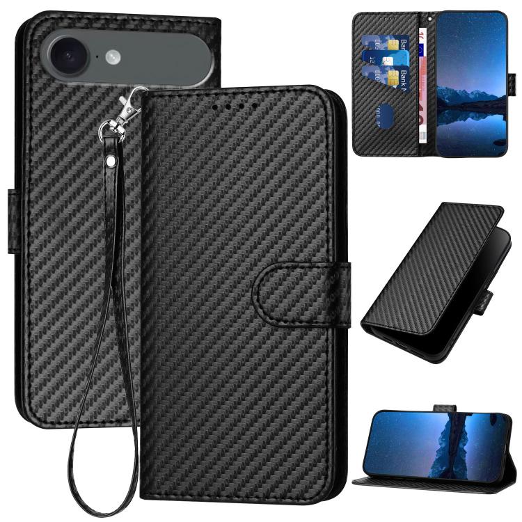 Capa de telemóvel em pele com fivela de fibra de carbono YX0070 com cordão, para iPhone 17e / 16e, para iPhone 17 Pro Max, para iPhone 17 Pro, para iPhone 17, para iPhone Air, para iPhone 16 Pro Max