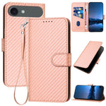 Capa de telemóvel em pele com fivela de fibra de carbono YX0070 com cordão, para iPhone 17e / 16e, para iPhone 17 Pro Max, para iPhone 17 Pro, para iPhone 17, para iPhone Air, para iPhone 16 Pro Max