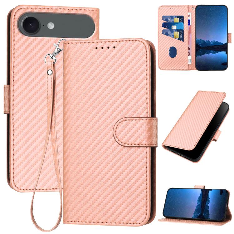 Capa de telemóvel em pele com fivela de fibra de carbono YX0070 com cordão, para iPhone 17e / 16e, para iPhone 17 Pro Max, para iPhone 17 Pro, para iPhone 17, para iPhone Air, para iPhone 16 Pro Max