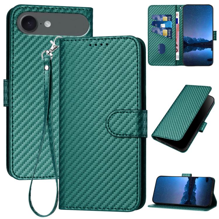Capa de telemóvel em pele com fivela de fibra de carbono YX0070 com cordão, para iPhone 17e / 16e, para iPhone 17 Pro Max, para iPhone 17 Pro, para iPhone 17, para iPhone Air, para iPhone 16 Pro Max
