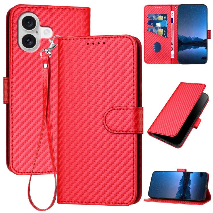 Capa de telemóvel em pele com fivela de fibra de carbono YX0070 com cordão, para iPhone 17e / 16e, para iPhone 17 Pro Max, para iPhone 17 Pro, para iPhone 17, para iPhone Air, para iPhone 16 Pro Max