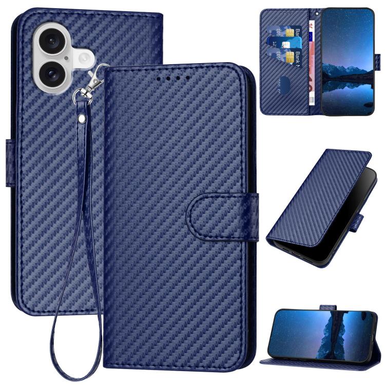 Capa de telemóvel em pele com fivela de fibra de carbono YX0070 com cordão, para iPhone 17e / 16e, para iPhone 17 Pro Max, para iPhone 17 Pro, para iPhone 17, para iPhone Air, para iPhone 16 Pro Max