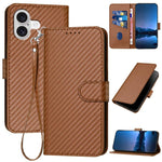 Capa de telemóvel em pele com fivela de fibra de carbono YX0070 com cordão, para iPhone 17e / 16e, para iPhone 17 Pro Max, para iPhone 17 Pro, para iPhone 17, para iPhone Air, para iPhone 16 Pro Max