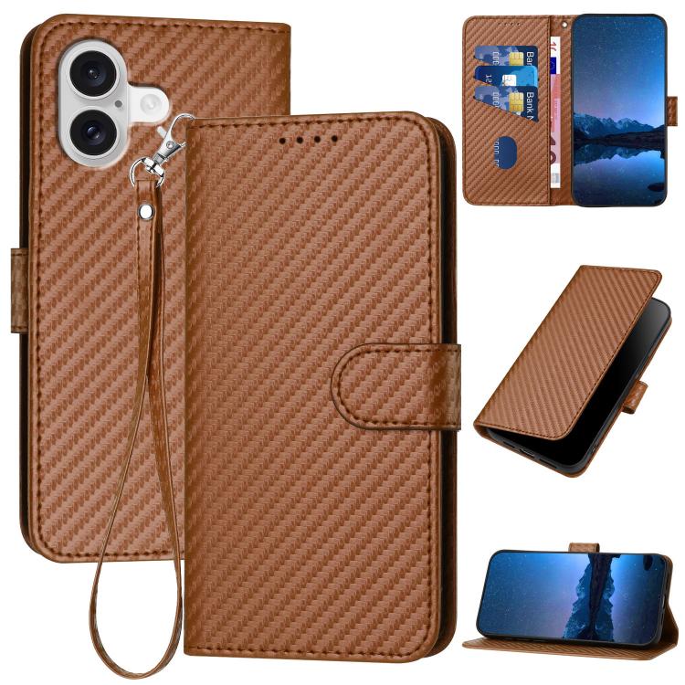 Capa de telemóvel em pele com fivela de fibra de carbono YX0070 com cordão, para iPhone 17e / 16e, para iPhone 17 Pro Max, para iPhone 17 Pro, para iPhone 17, para iPhone Air, para iPhone 16 Pro Max