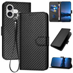 Capa de telemóvel em pele com fivela de fibra de carbono YX0070 com cordão, para iPhone 17e / 16e, para iPhone 17 Pro Max, para iPhone 17 Pro, para iPhone 17, para iPhone Air, para iPhone 16 Pro Max