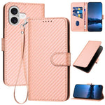 Capa de telemóvel em pele com fivela de fibra de carbono YX0070 com cordão, para iPhone 17e / 16e, para iPhone 17 Pro Max, para iPhone 17 Pro, para iPhone 17, para iPhone Air, para iPhone 16 Pro Max