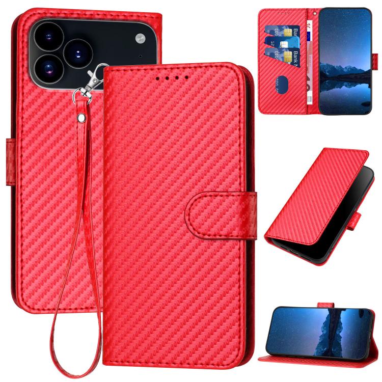 Capa de telemóvel em pele com fivela de fibra de carbono YX0070 com cordão, para iPhone 17e / 16e, para iPhone 17 Pro Max, para iPhone 17 Pro, para iPhone 17, para iPhone Air, para iPhone 16 Pro Max
