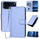 Capa de telemóvel em pele com fivela de fibra de carbono YX0070 com cordão, para iPhone 17e / 16e, para iPhone 17 Pro Max, para iPhone 17 Pro, para iPhone 17, para iPhone Air, para iPhone 16 Pro Max