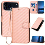 Capa de telemóvel em pele com fivela de fibra de carbono YX0070 com cordão, para iPhone 17e / 16e, para iPhone 17 Pro Max, para iPhone 17 Pro, para iPhone 17, para iPhone Air, para iPhone 16 Pro Max