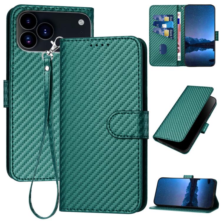 Capa de telemóvel em pele com fivela de fibra de carbono YX0070 com cordão, para iPhone 17e / 16e, para iPhone 17 Pro Max, para iPhone 17 Pro, para iPhone 17, para iPhone Air, para iPhone 16 Pro Max
