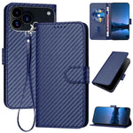 Capa de telemóvel em pele com fivela de fibra de carbono YX0070 com cordão, para iPhone 17e / 16e, para iPhone 17 Pro Max, para iPhone 17 Pro, para iPhone 17, para iPhone Air, para iPhone 16 Pro Max
