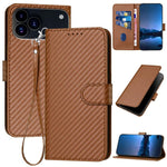 Capa de telemóvel em pele com fivela de fibra de carbono YX0070 com cordão, para iPhone 17e / 16e, para iPhone 17 Pro Max, para iPhone 17 Pro, para iPhone 17, para iPhone Air, para iPhone 16 Pro Max