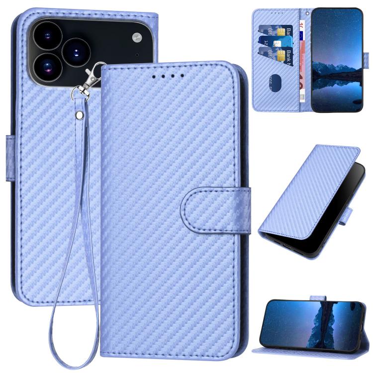Capa de telemóvel em pele com fivela de fibra de carbono YX0070 com cordão, para iPhone 17e / 16e, para iPhone 17 Pro Max, para iPhone 17 Pro, para iPhone 17, para iPhone Air, para iPhone 16 Pro Max