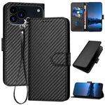 Capa de telemóvel em pele com fivela de fibra de carbono YX0070 com cordão, para iPhone 17e / 16e, para iPhone 17 Pro Max, para iPhone 17 Pro, para iPhone 17, para iPhone Air, para iPhone 16 Pro Max