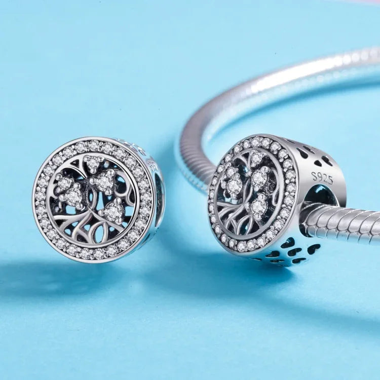 Pulseira Árvore da Vida em Prata Esterlina S925 com Cordão Decorada com Contas Soltas