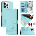 Capa de telemóvel em pele com padrão em relevo de gato e rato e RFID com cordão, para iPhone 17 Pro Max, para iPhone 17 Pro, para iPhone 17, para iPhone Air, para iPhone SE 2024, para iPhone 15 Pro Max, para iPhone 15 Pro, para iPhone 15 Plus