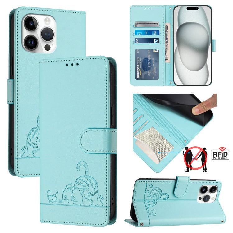 Capa de telemóvel em pele com padrão em relevo de gato e rato e RFID com cordão, para iPhone 17 Pro Max, para iPhone 17 Pro, para iPhone 17, para iPhone Air, para iPhone SE 2024, para iPhone 15 Pro Max, para iPhone 15 Pro, para iPhone 15 Plus
