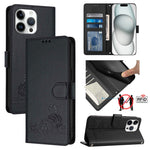 Capa de telemóvel em pele com padrão em relevo de gato e rato e RFID com cordão, para iPhone 17 Pro Max, para iPhone 17 Pro, para iPhone 17, para iPhone Air, para iPhone SE 2024, para iPhone 15 Pro Max, para iPhone 15 Pro, para iPhone 15 Plus
